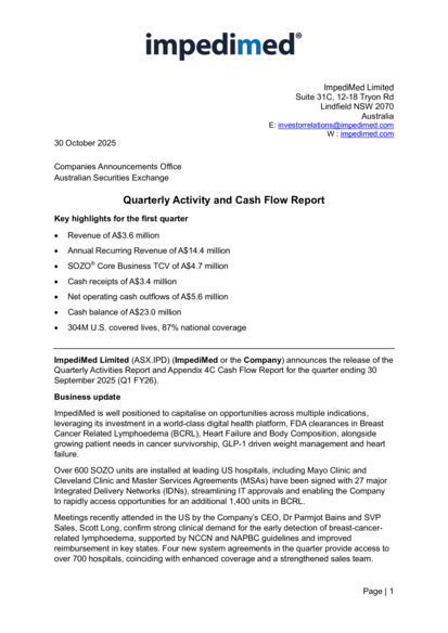 ASX:IPD - Quarterly Activities Report and Appendix 4C - Sep-2025 Qtr