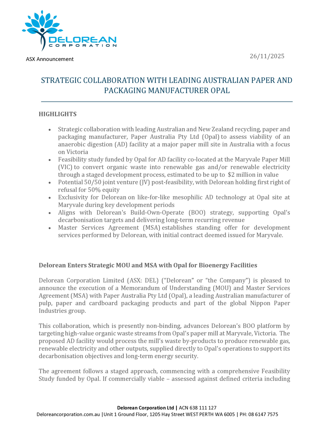 ASX:DEL - Collaboration with paper and packaging manufacturer Opal