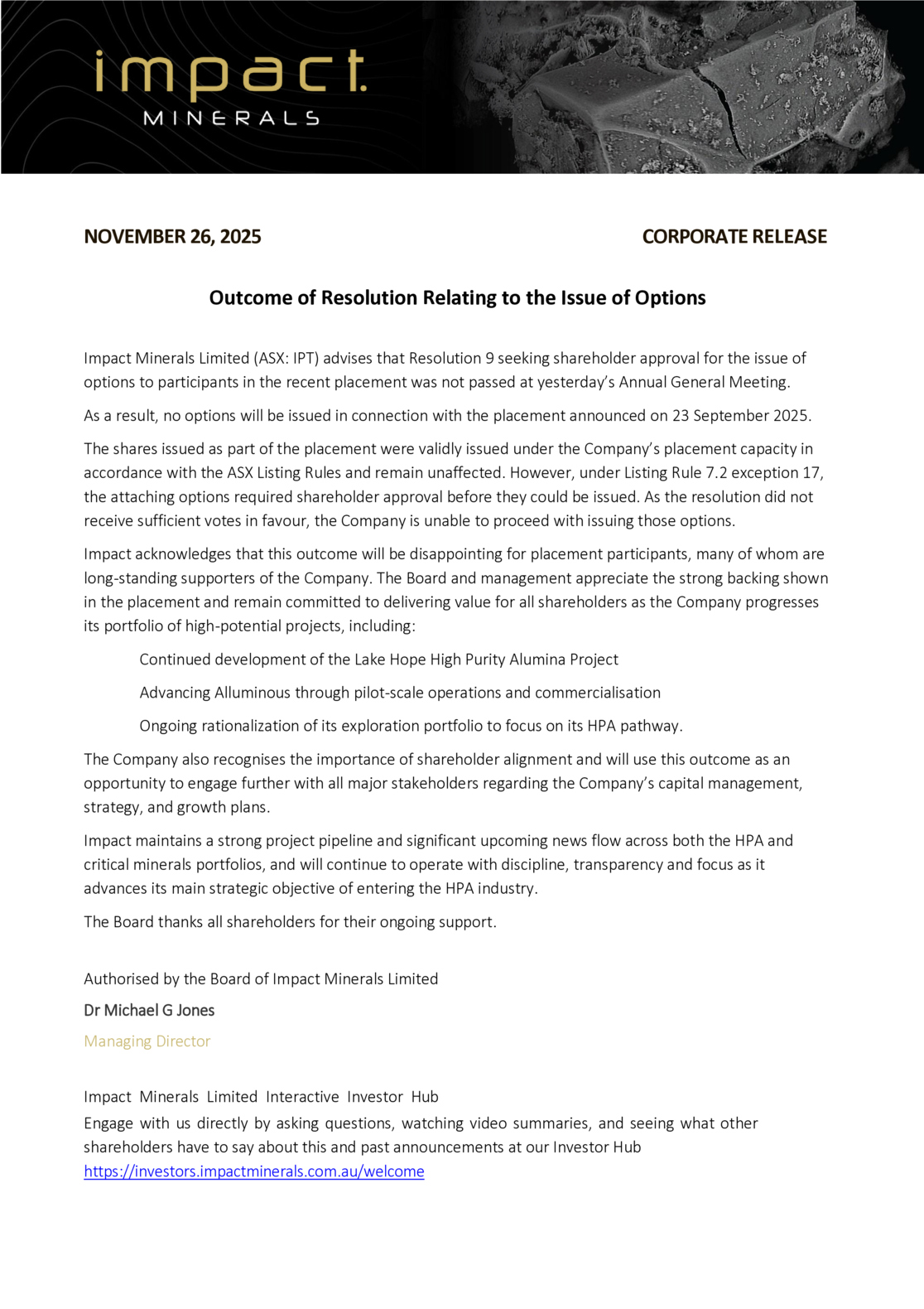 ASX:IPT - Outcome of Resolution Relating to the Issue of Options