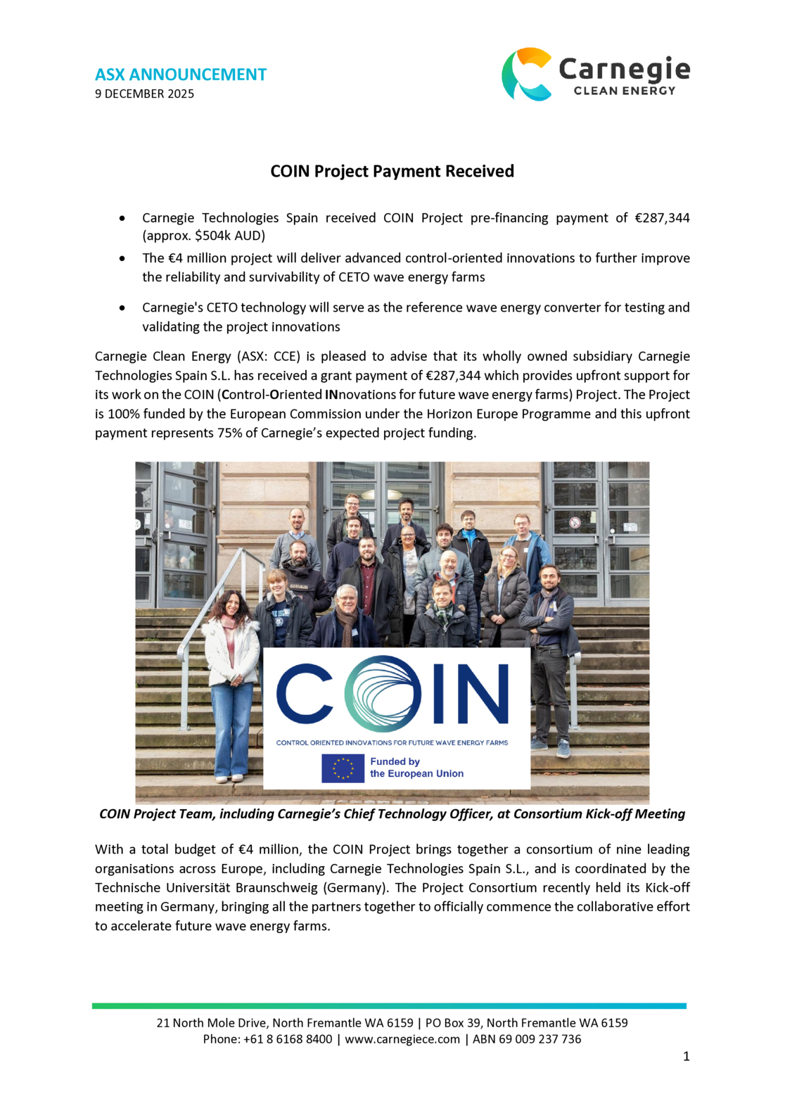 ASX:CCE - COIN Project Payment Received