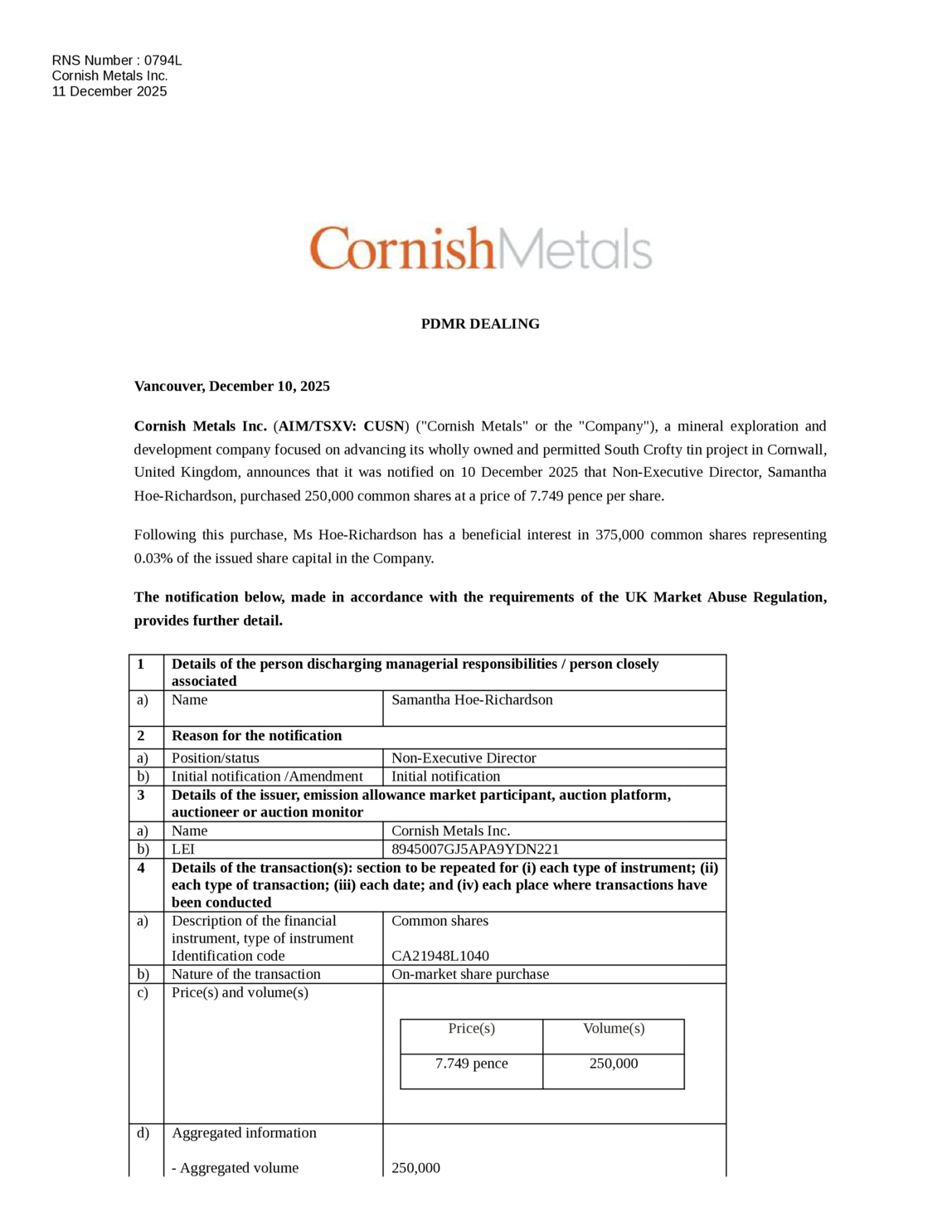 LSE:TIN - Cornish Metals Inc. - PDMR DEALING