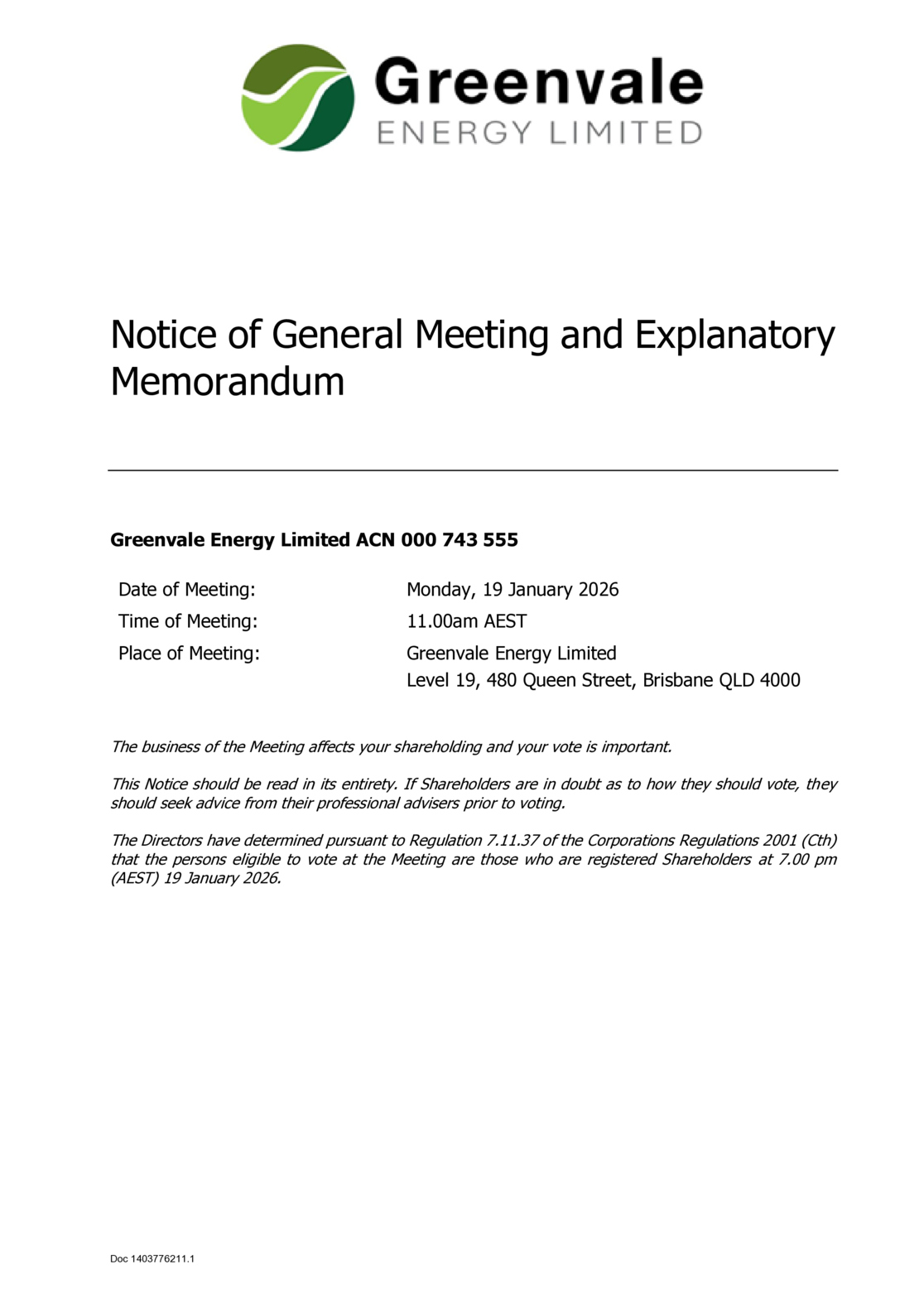 ASX:GRV - Notice of General Meeting/Proxy Form