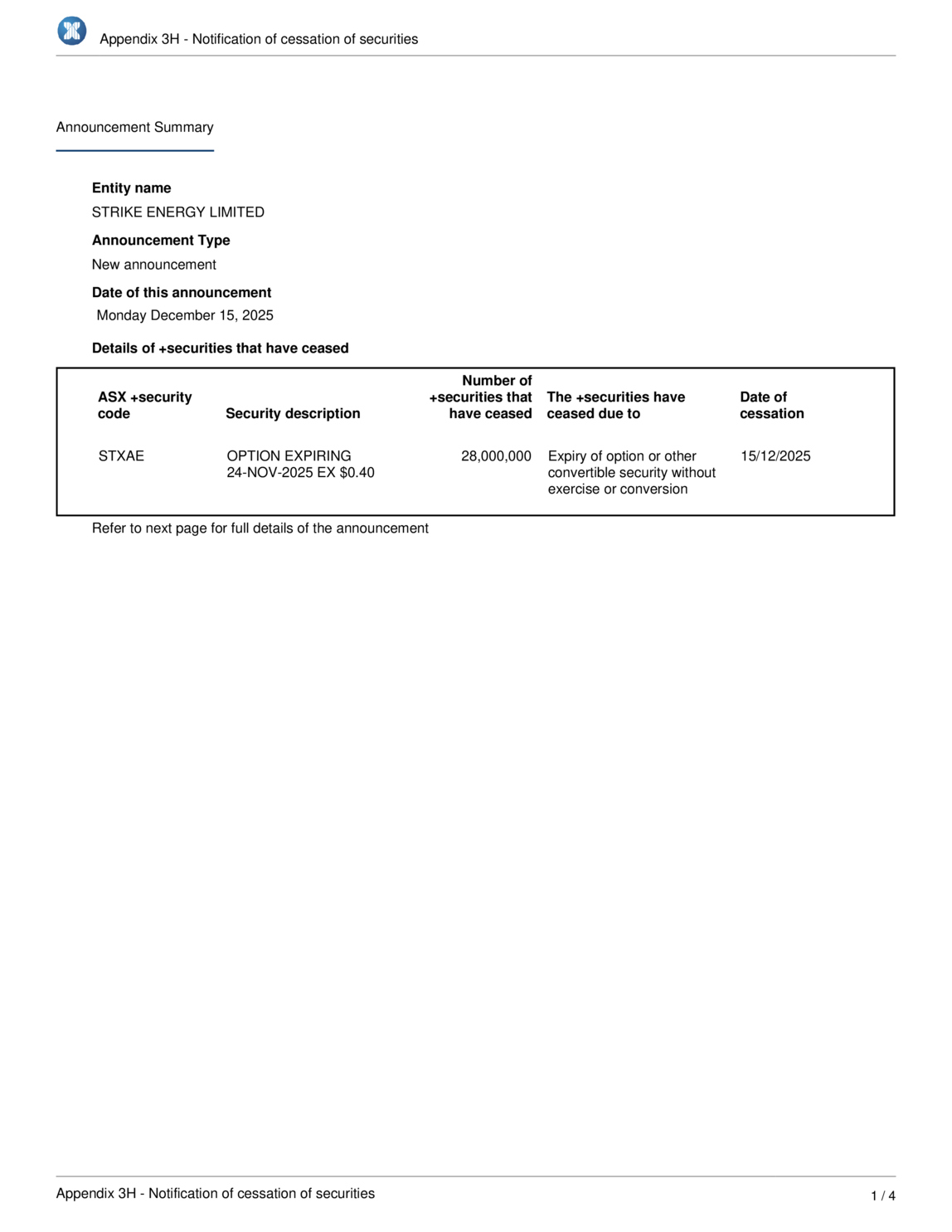 ASX:STX - Notification of cessation of securities - STX