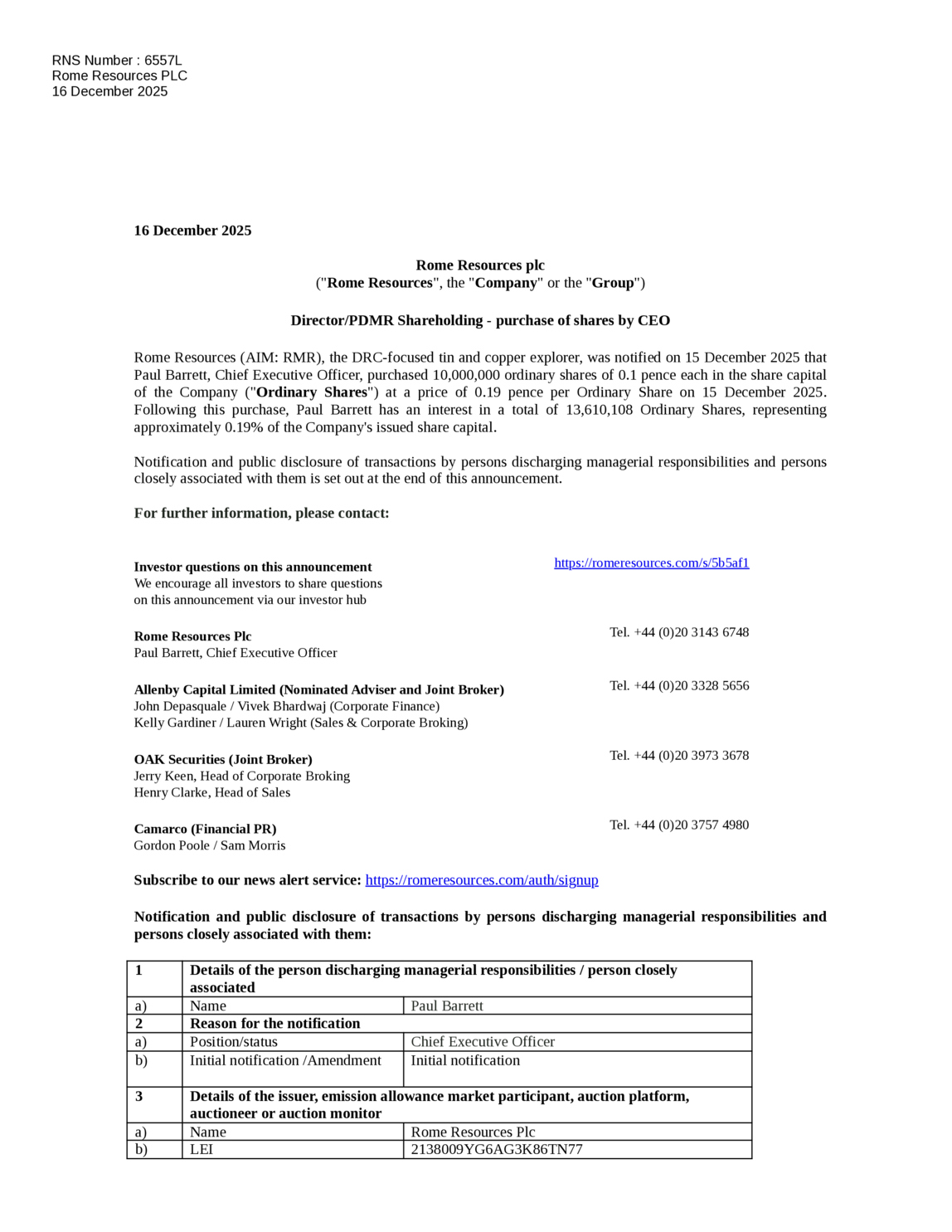 LSE:RMR - Rome Resources PLC - Director/PDMR Shareholding