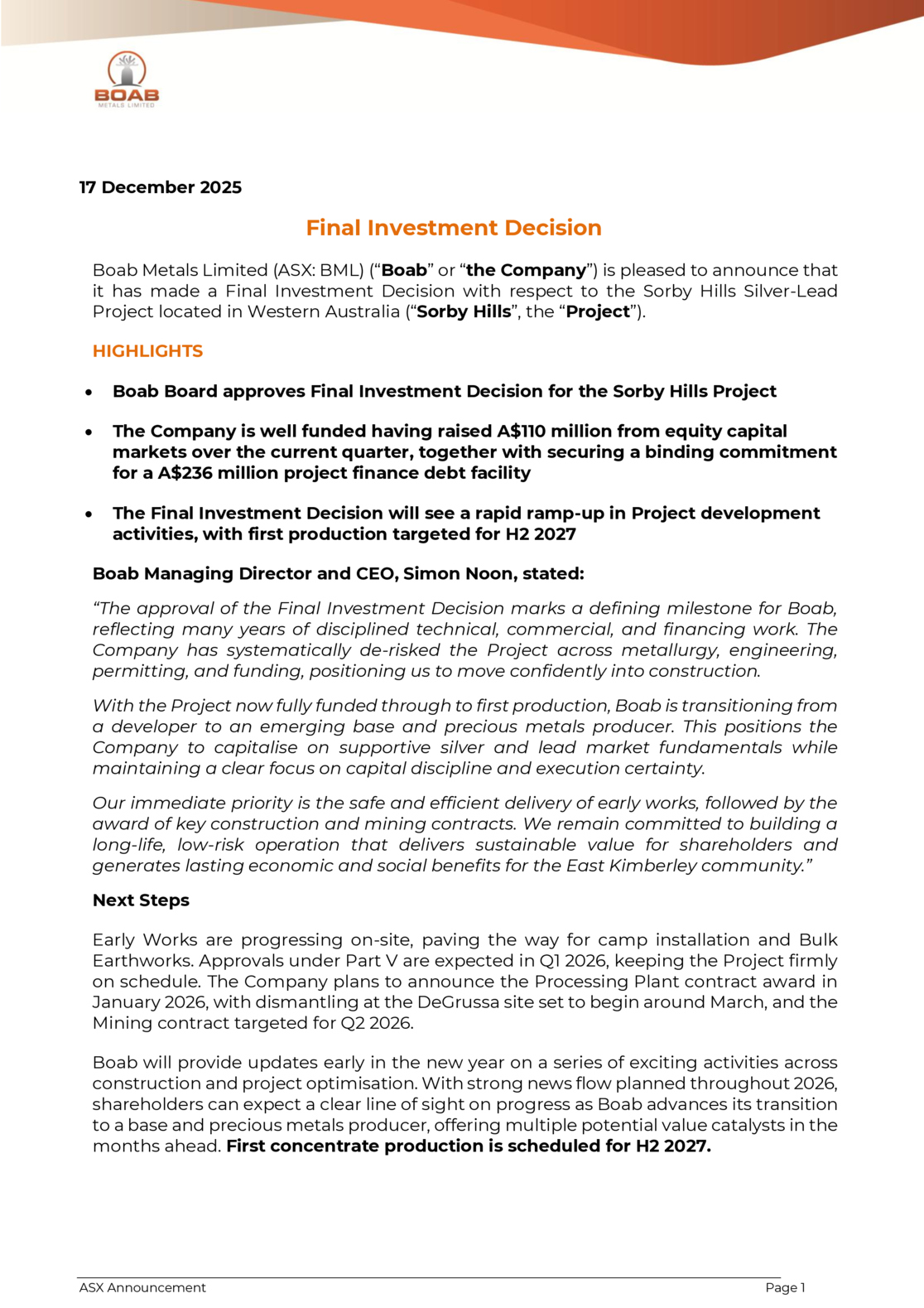 ASX:BML - Final Investment Decision