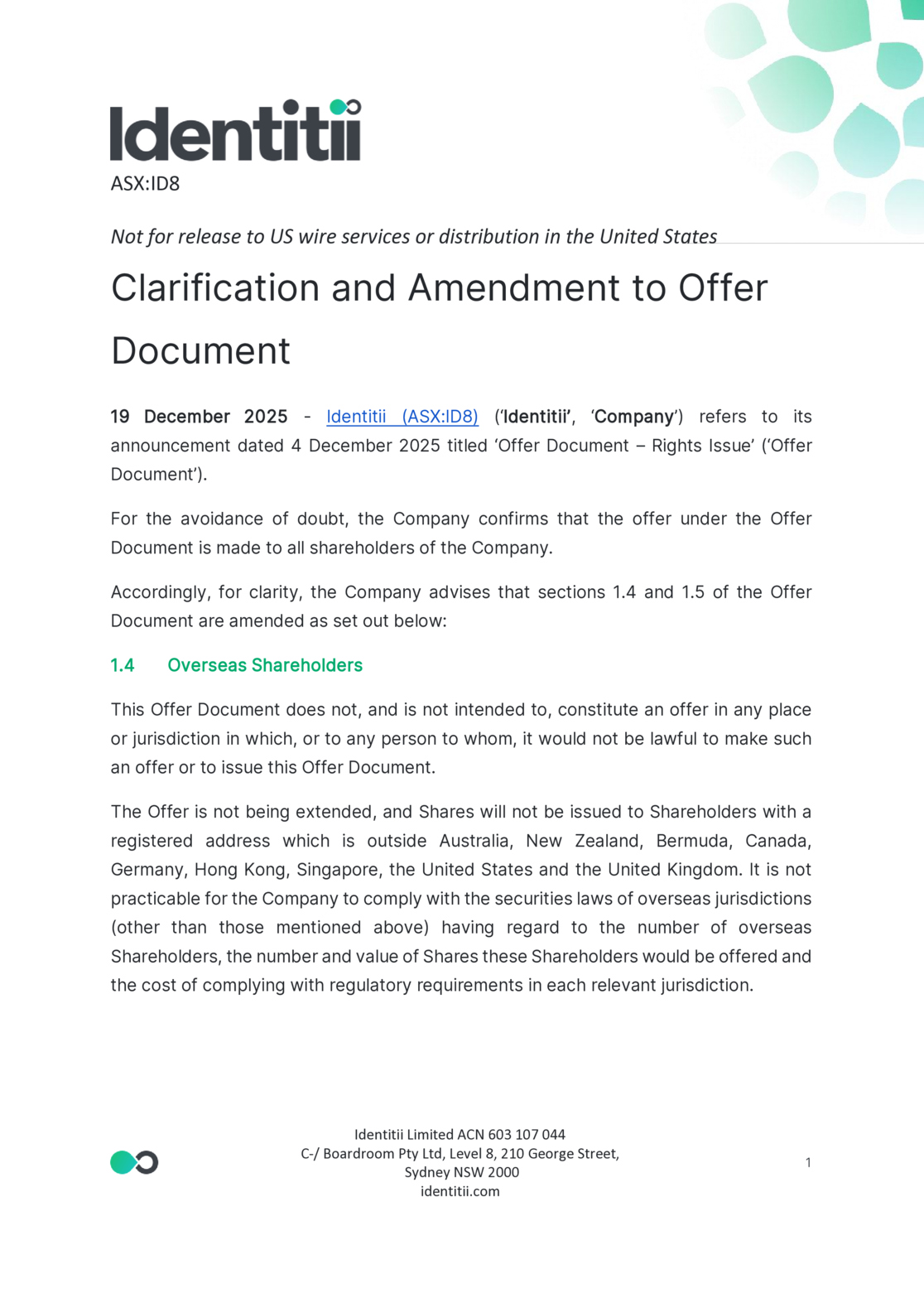 ASX:ID8 - Clarification and Amendment to Offer Document