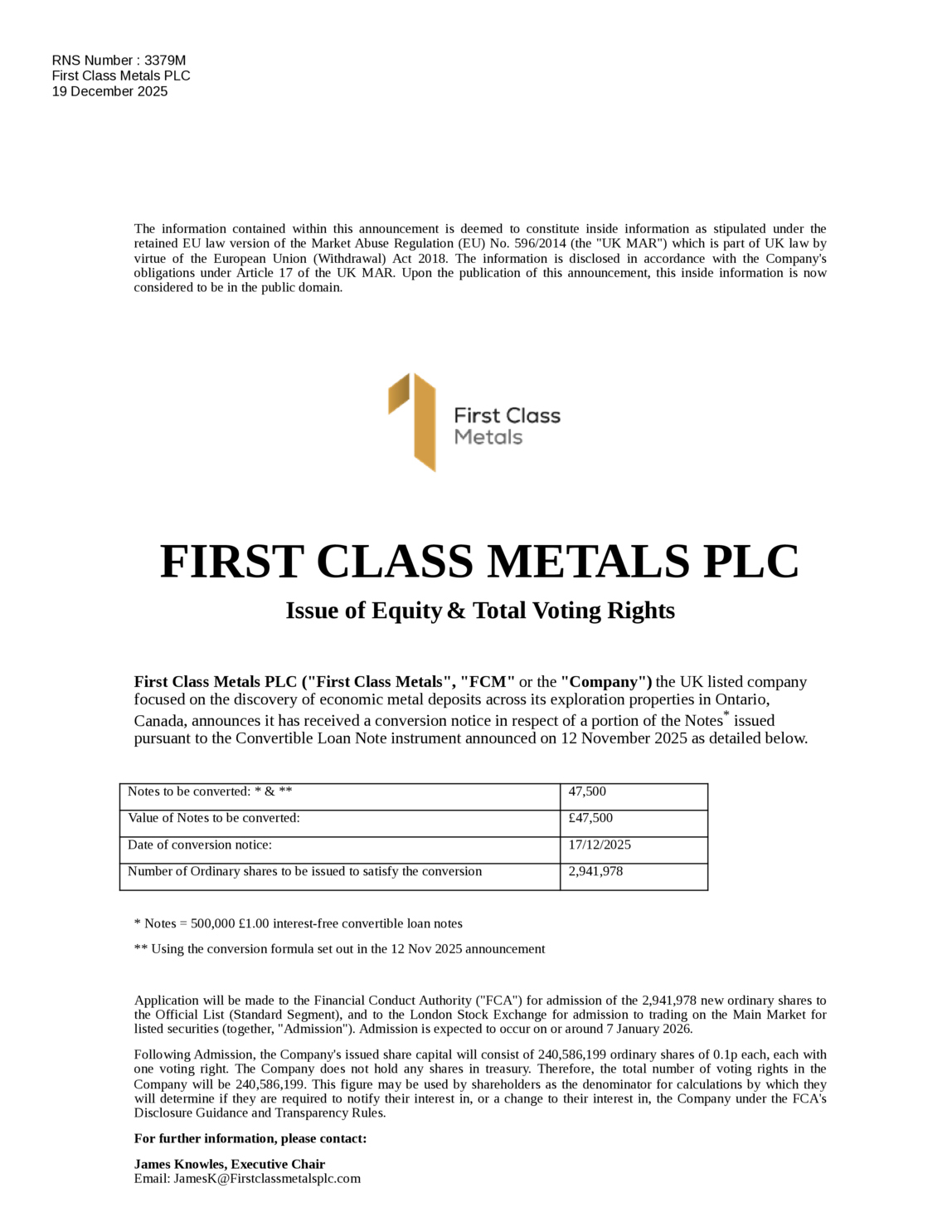 LSE:FCM - First Class Metals - Issue of Equity