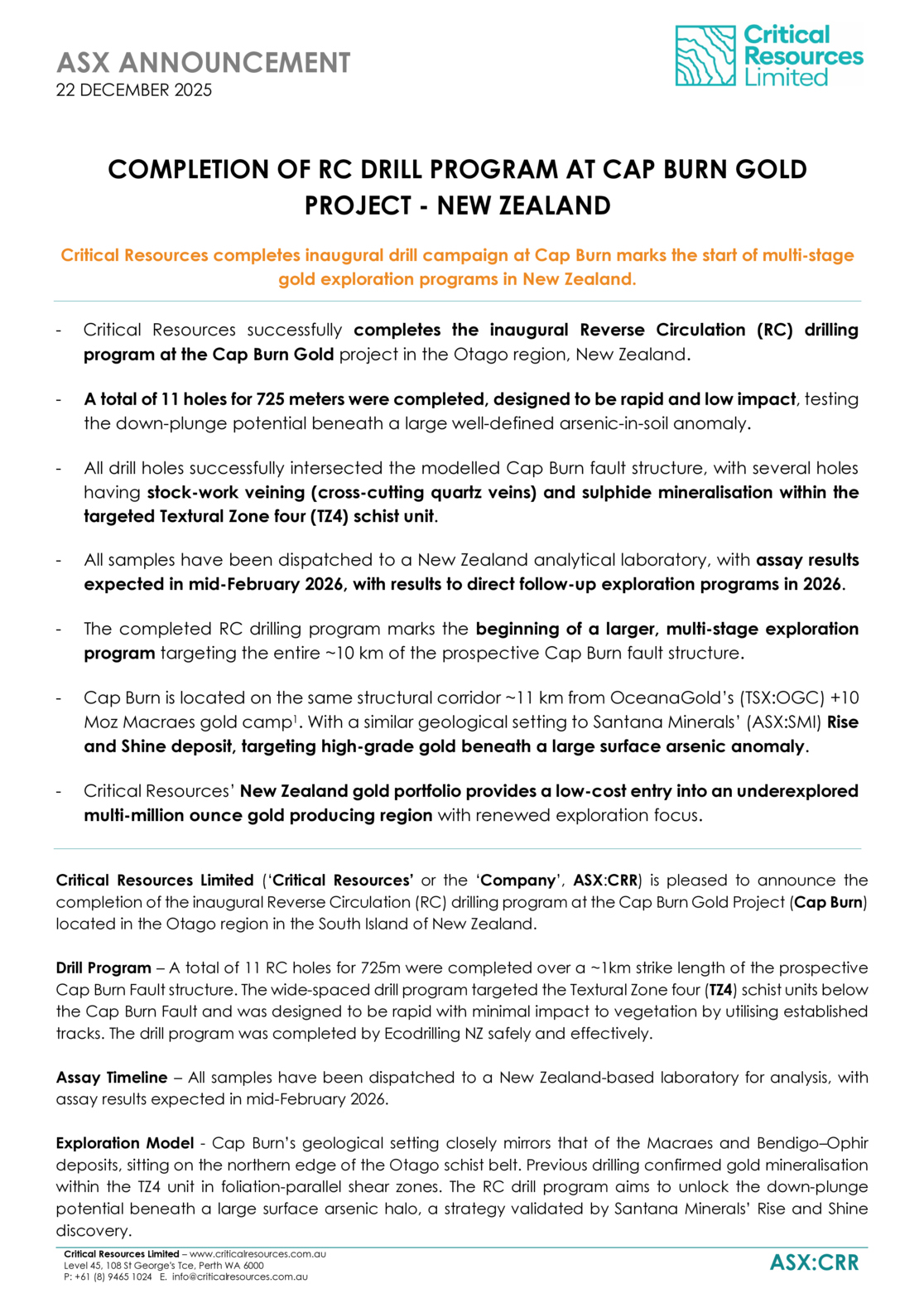 ASX:CRR - Completion of RC Drill Program at Cap Burn Gold Project