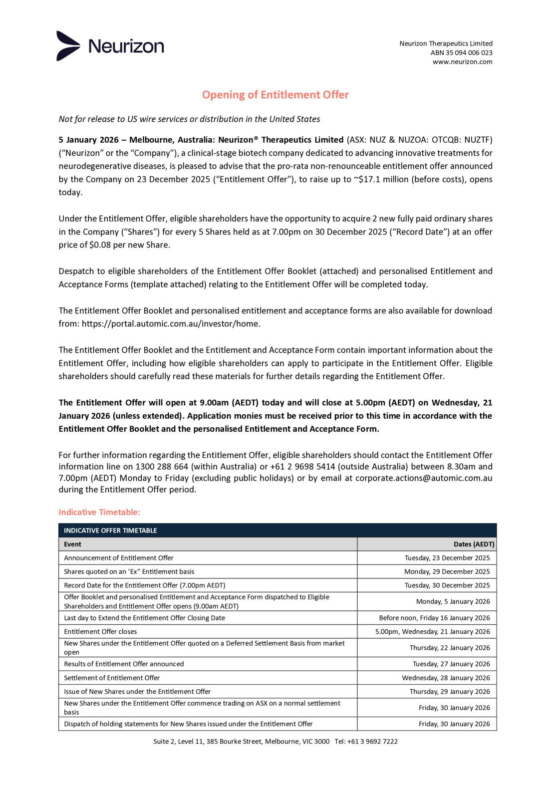 ASX:NUZ - Entitlement Offer Opens & Despatch of Offer Booklet