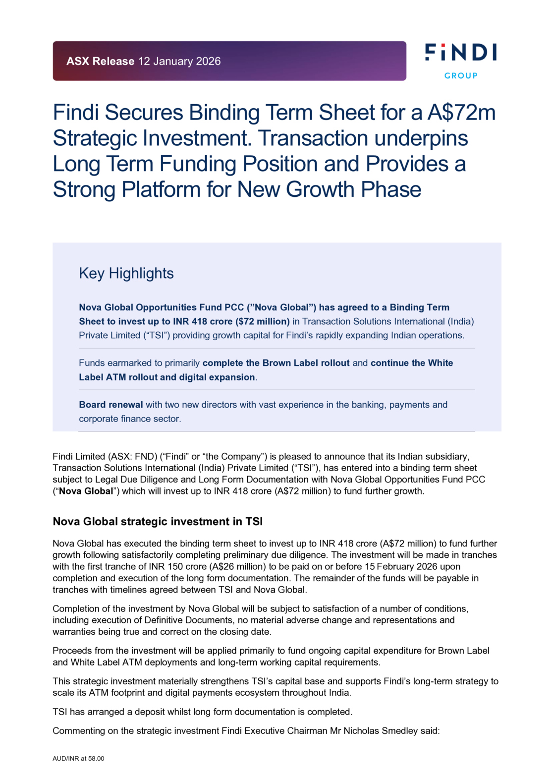 ASX:FND - Findi secures Binding Term Sheet for A$72M Investment