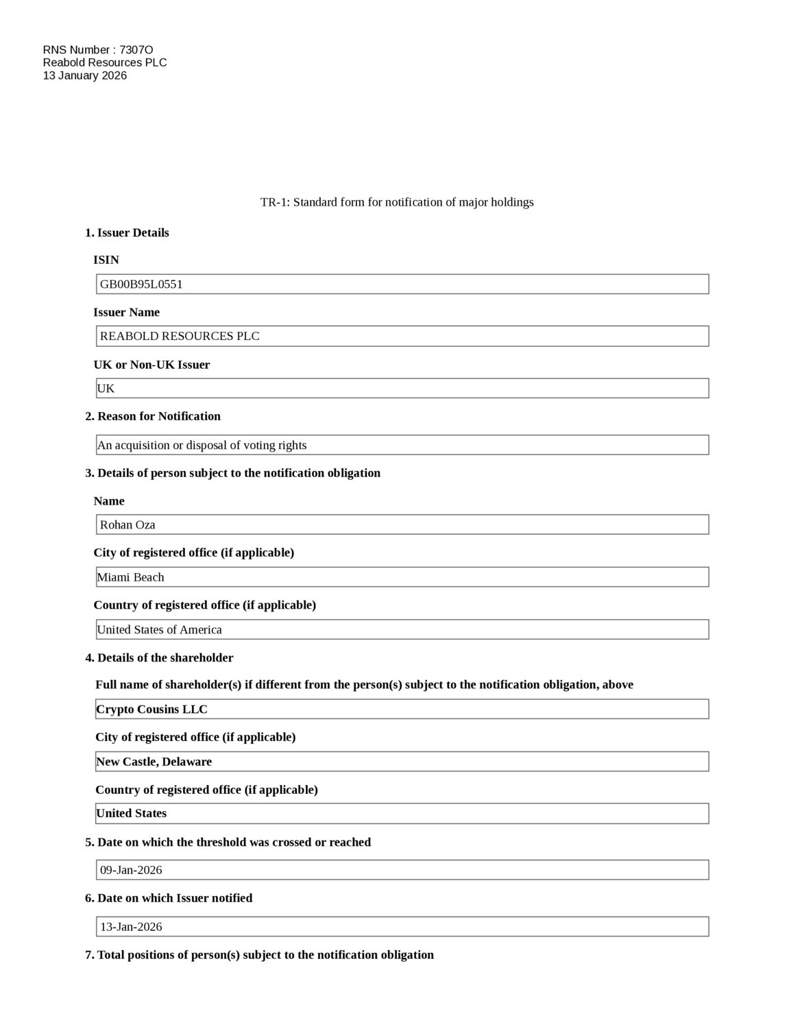LSE:RBD - Reabold Resources - Standard form for notification of major ...