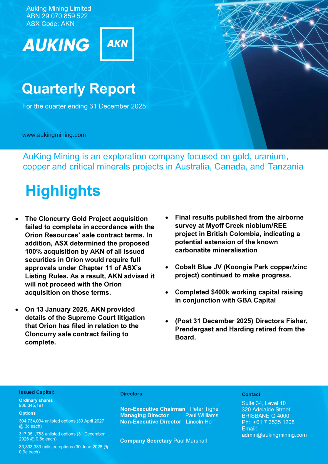 ASX:AKN - Quarterly Activities Report