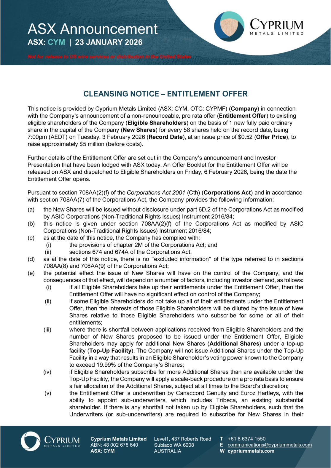 ASX:CYM - Cleansing Notice - Entitlement Offer