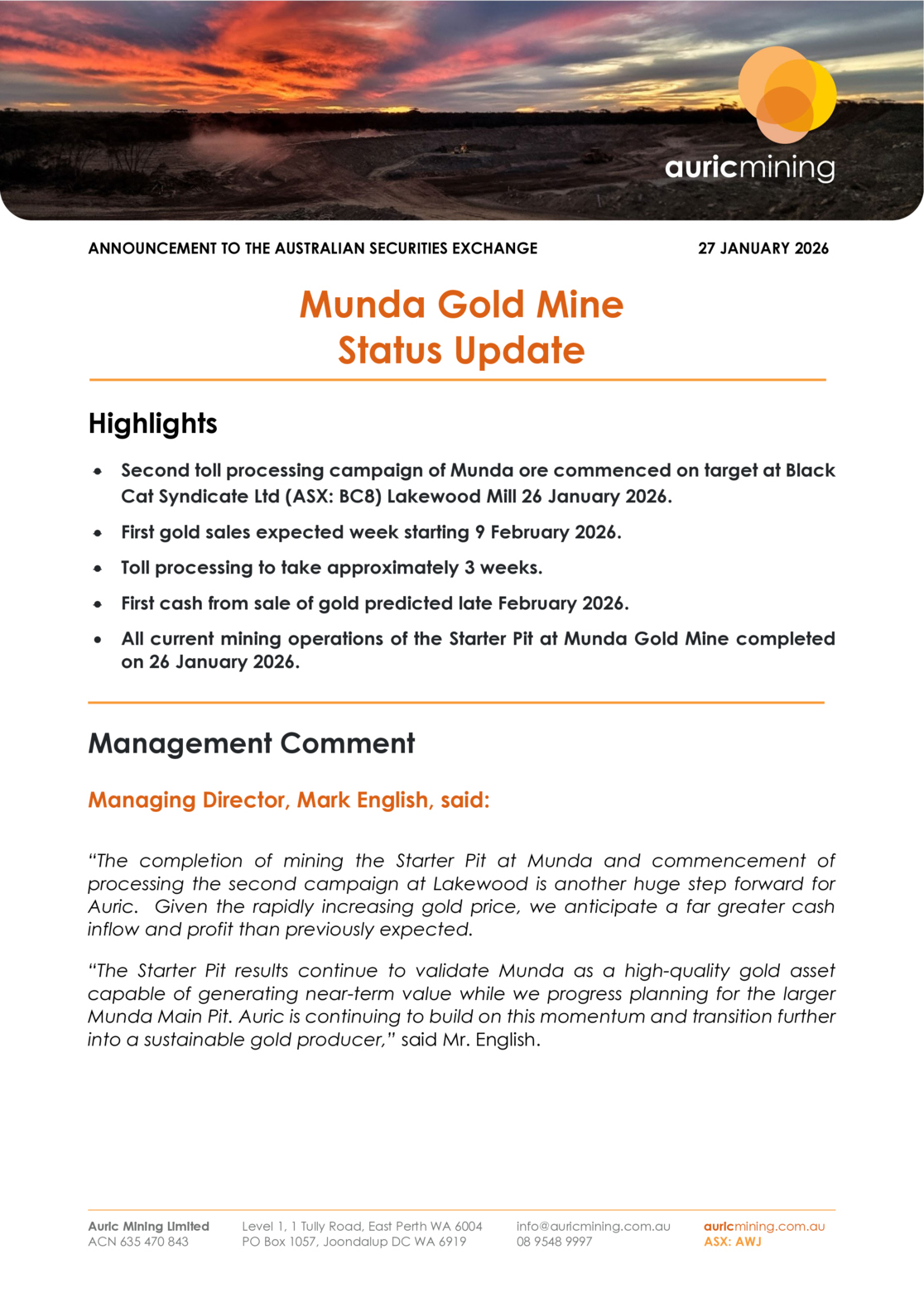 ASX:AWJ - Munda Gold Mine Status Update
