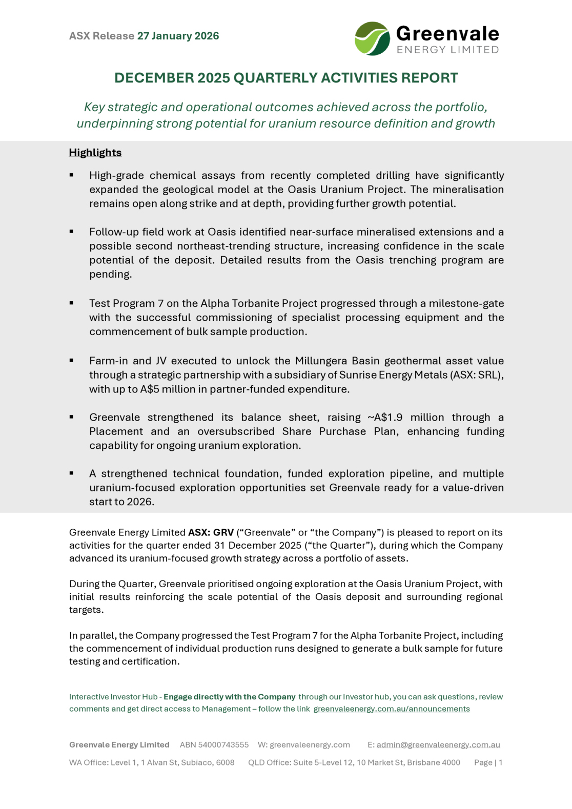 ASX:GRV - Quarterly Activities/Appendix 5B Cash Flow Report