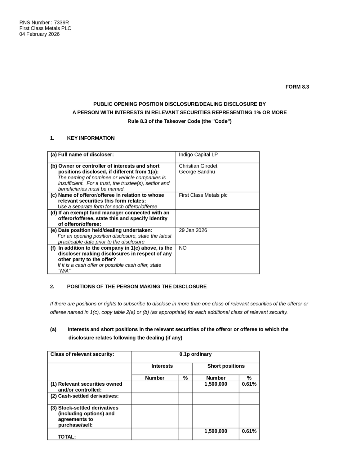 LSE:FCM - First Class Metals - Form 8.3