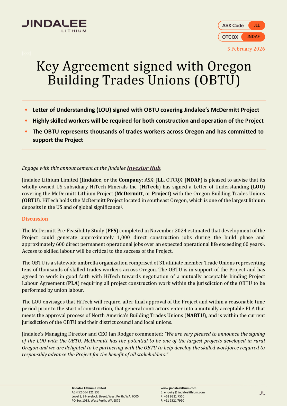 ASX:JLL - Key Agreement Signed with Oregon Building Trades Unions