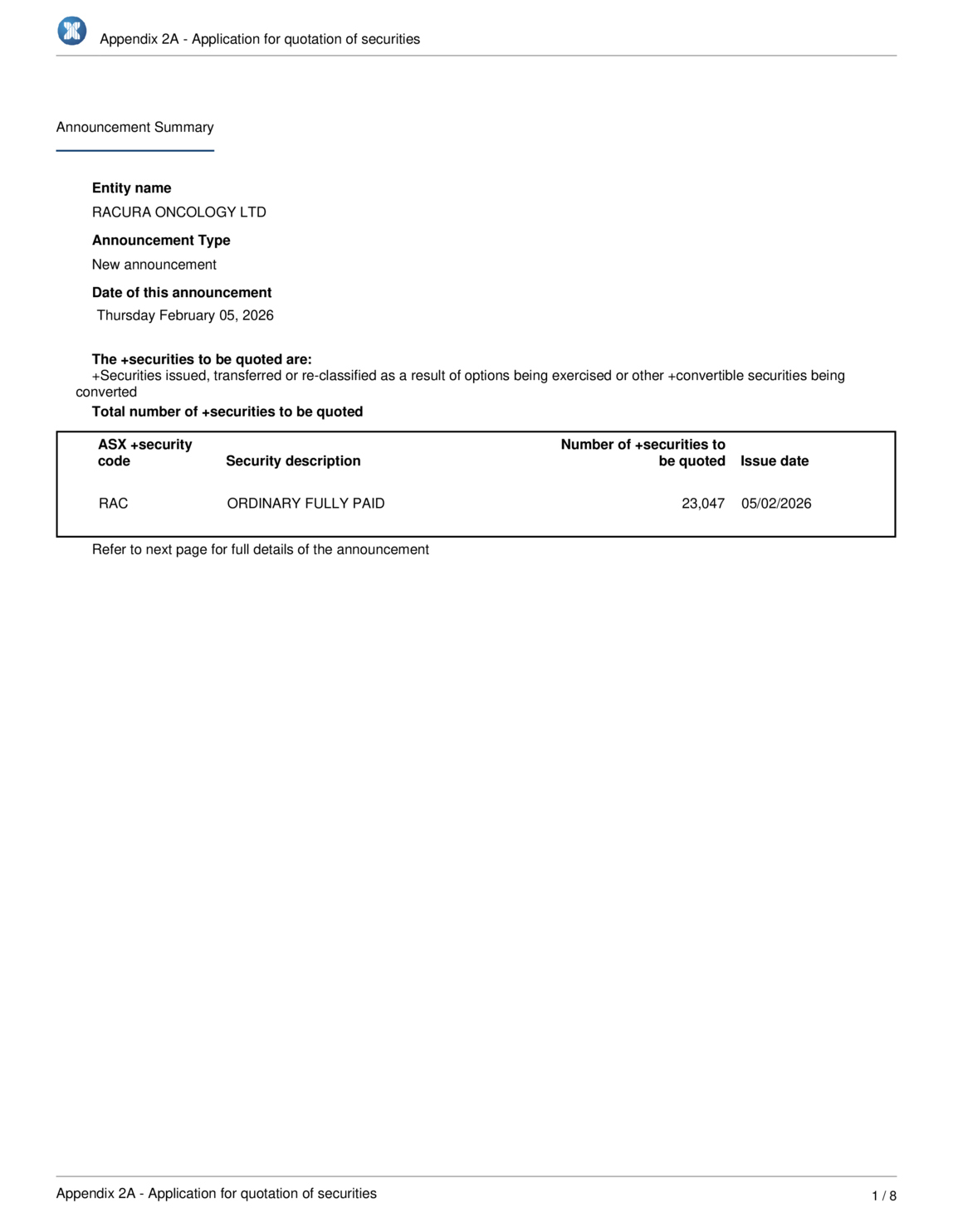ASX:RAC - Application for quotation of securities - RAC