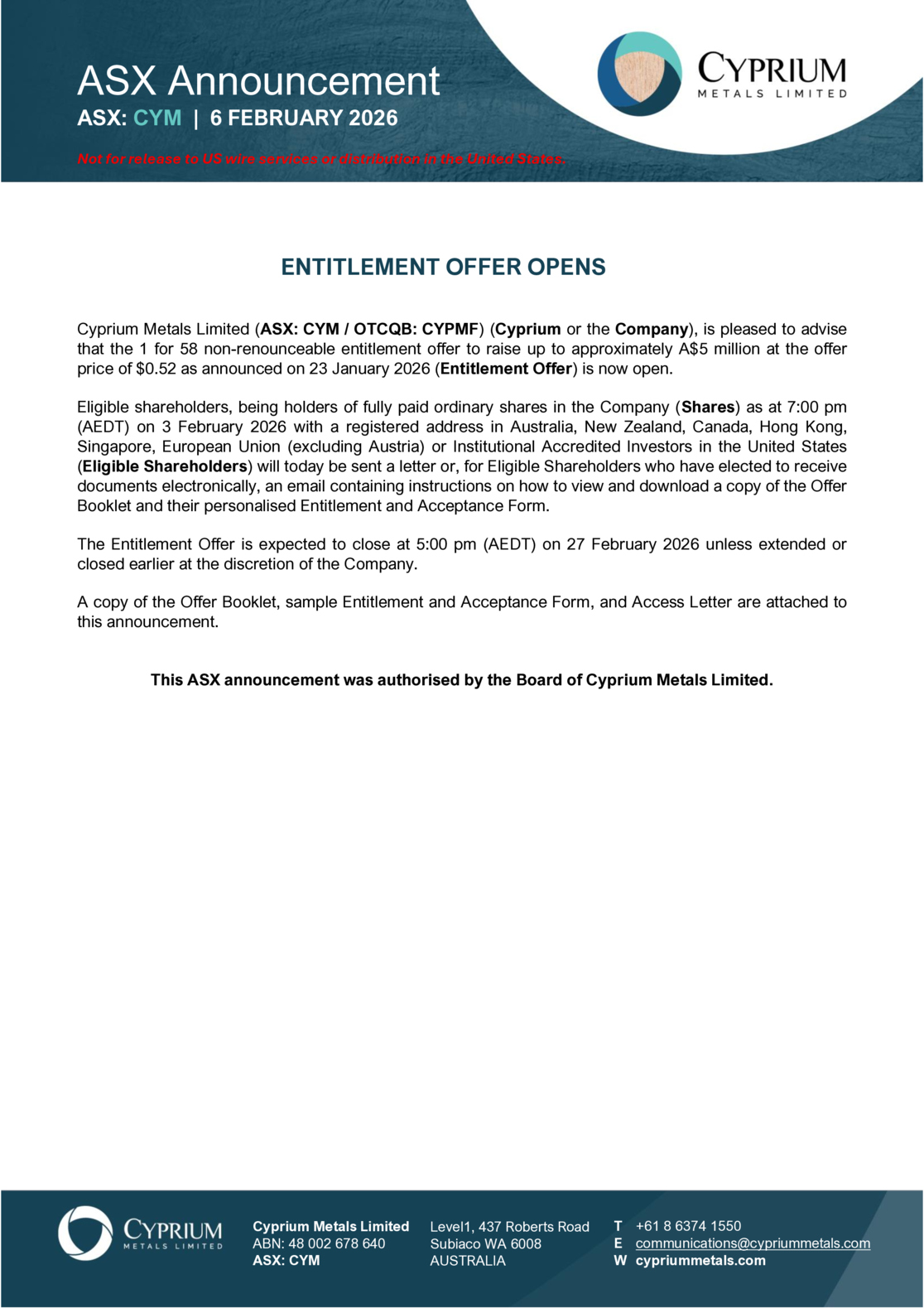 ASX:CYM - Entitlement Offer - Offer Booklet and Access Letter