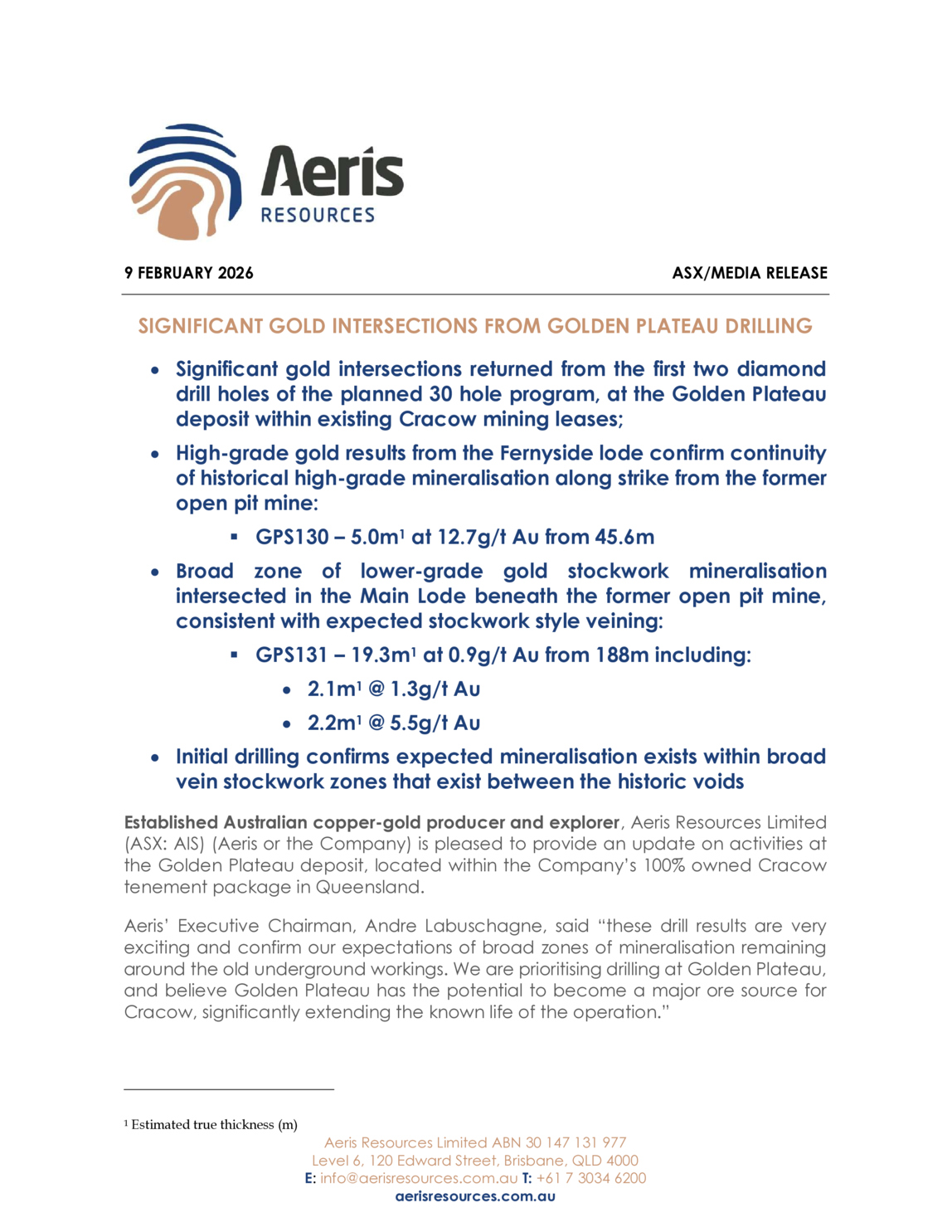 ASX:AIS - SIGNIFICANT GOLD INTERSECTIONS FROM GOLDEN PLATEAU DRILLING