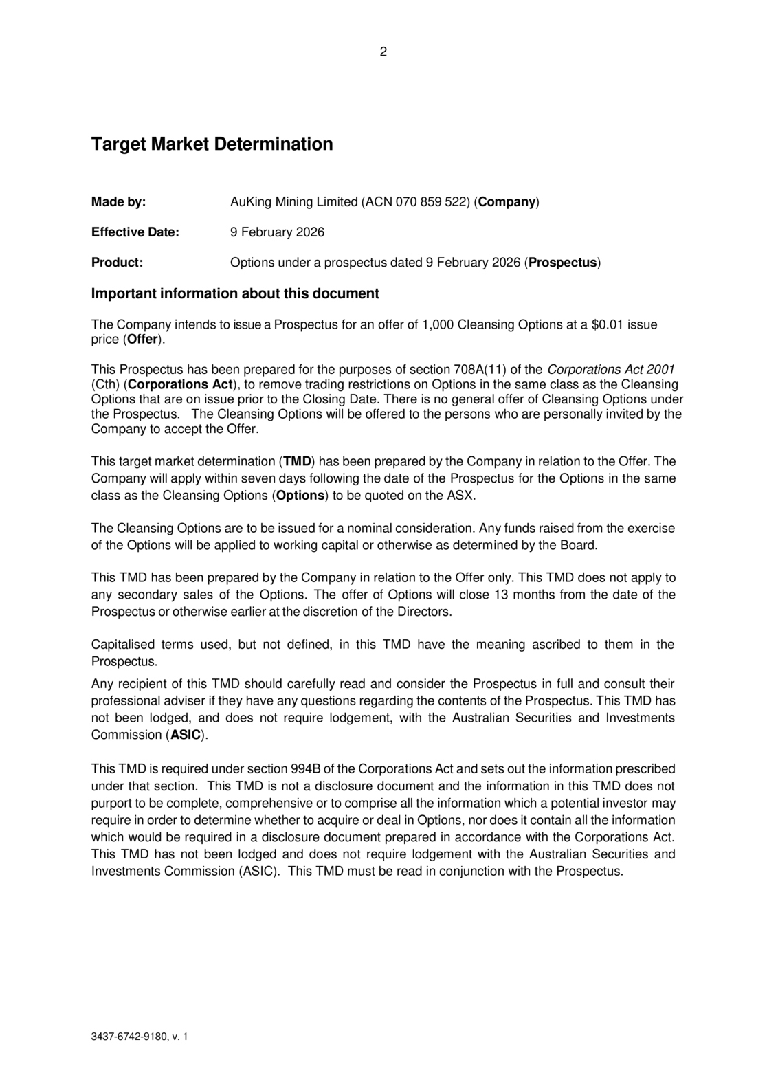 ASX:AKN - Target Market Determination