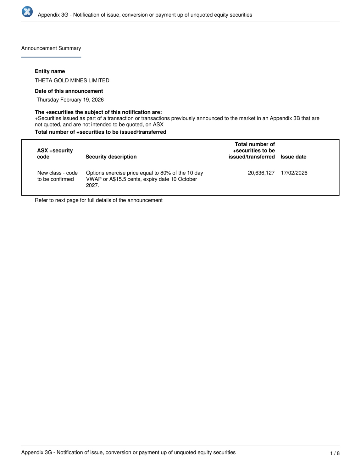 ASX:TGM - Notification regarding unquoted securities - TGM