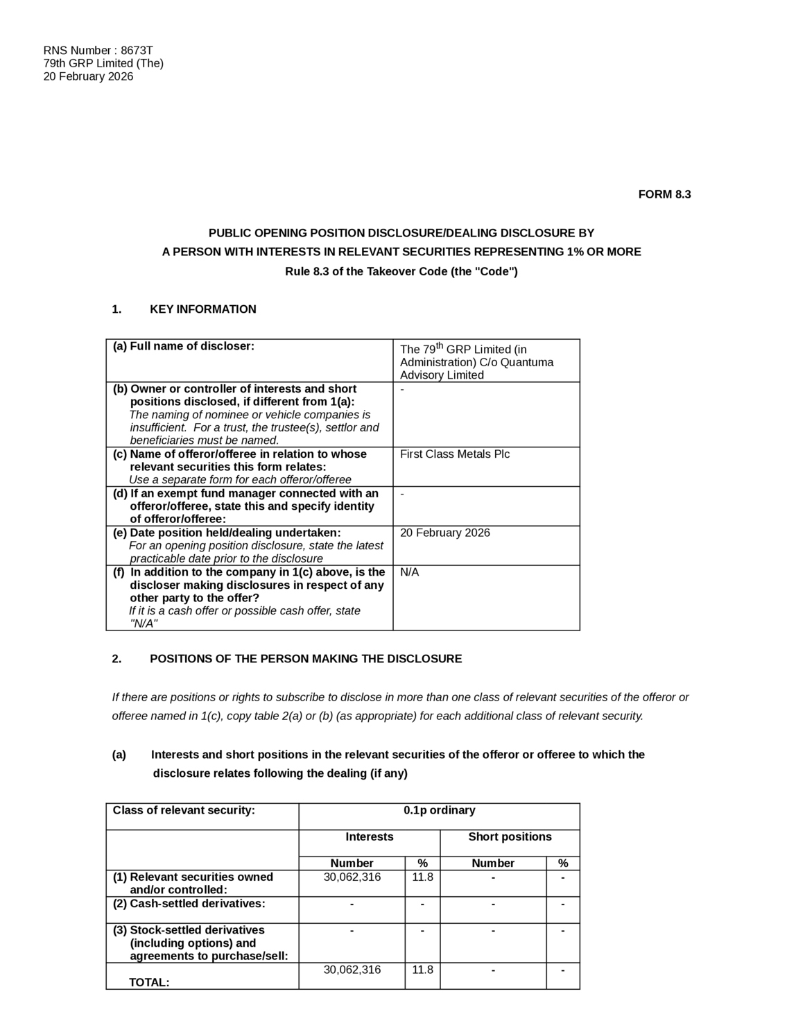 LSE:FCM - 79th GRP Limited - Form 8.3 - First Class Metals plc