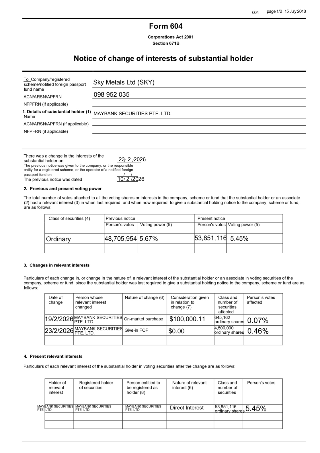 ASX:SKY - Change in substantial holding