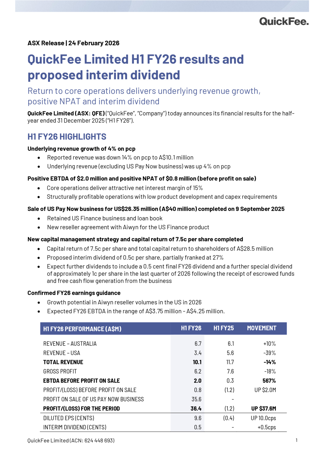 ASX:QFE - QuickFee announces H1FY26 results and confirms FY26 guidance