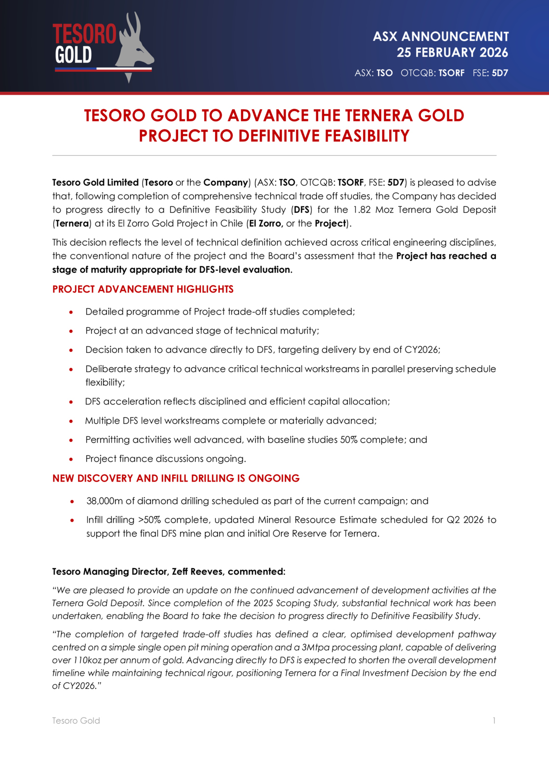 ASX:TSO - Tesoro Gold to advance Ternera to Definitive Feasibility
