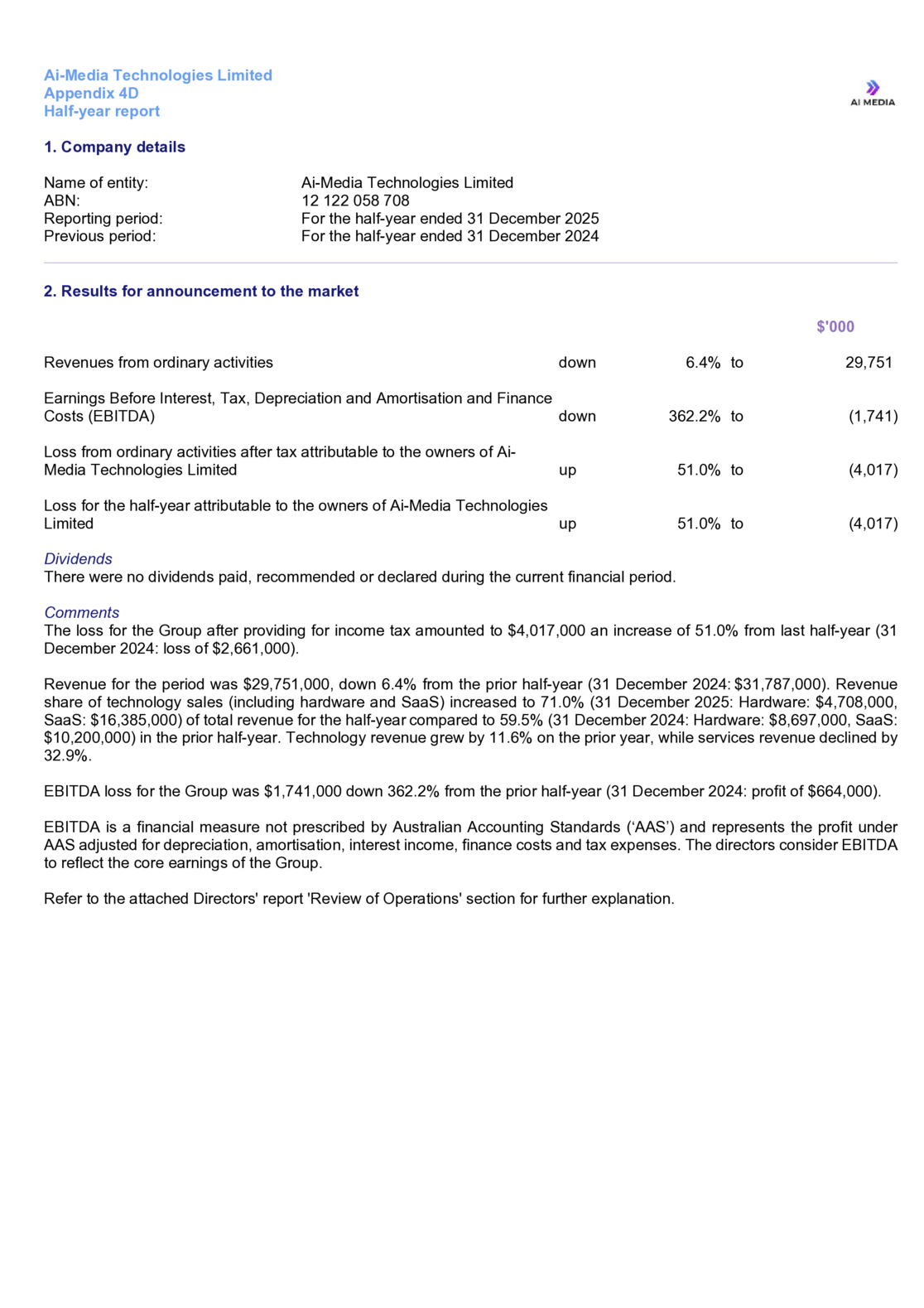 ASX:AIM - Appendix 4D & Interim Financial Report