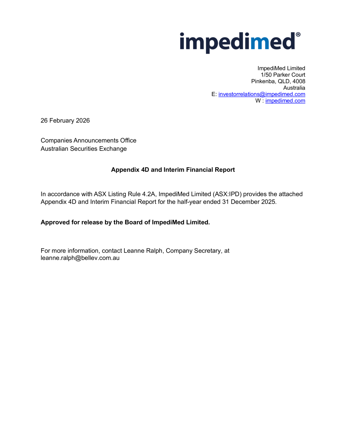 ASX:IPD - Appendix 4D and Interim Financial Report