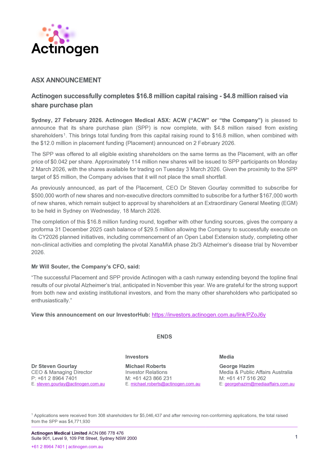 ASX:ACW - ACW successfully completes $16.8m Placement and SPP