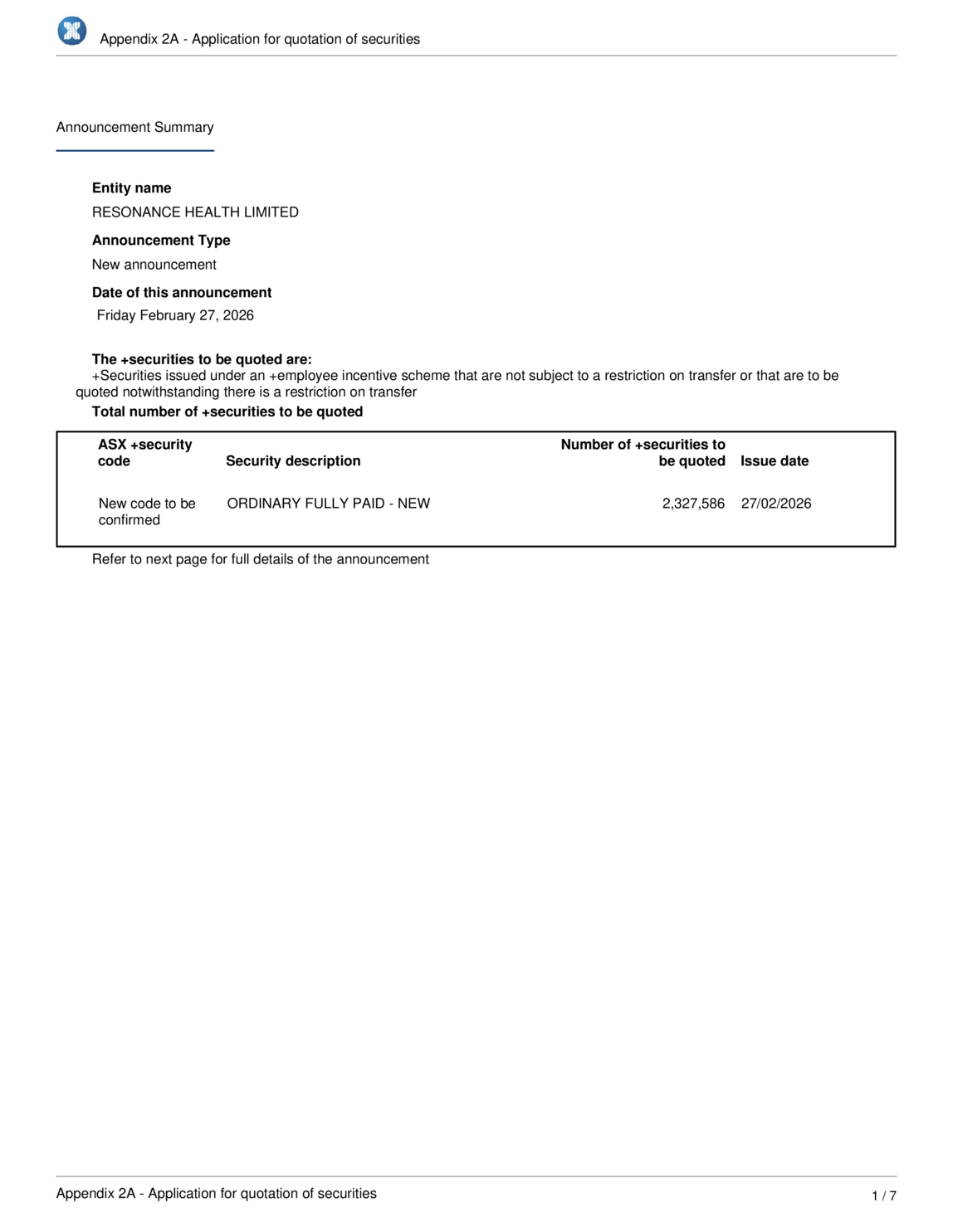 ASX:RHT - Application for quotation of securities - RHT