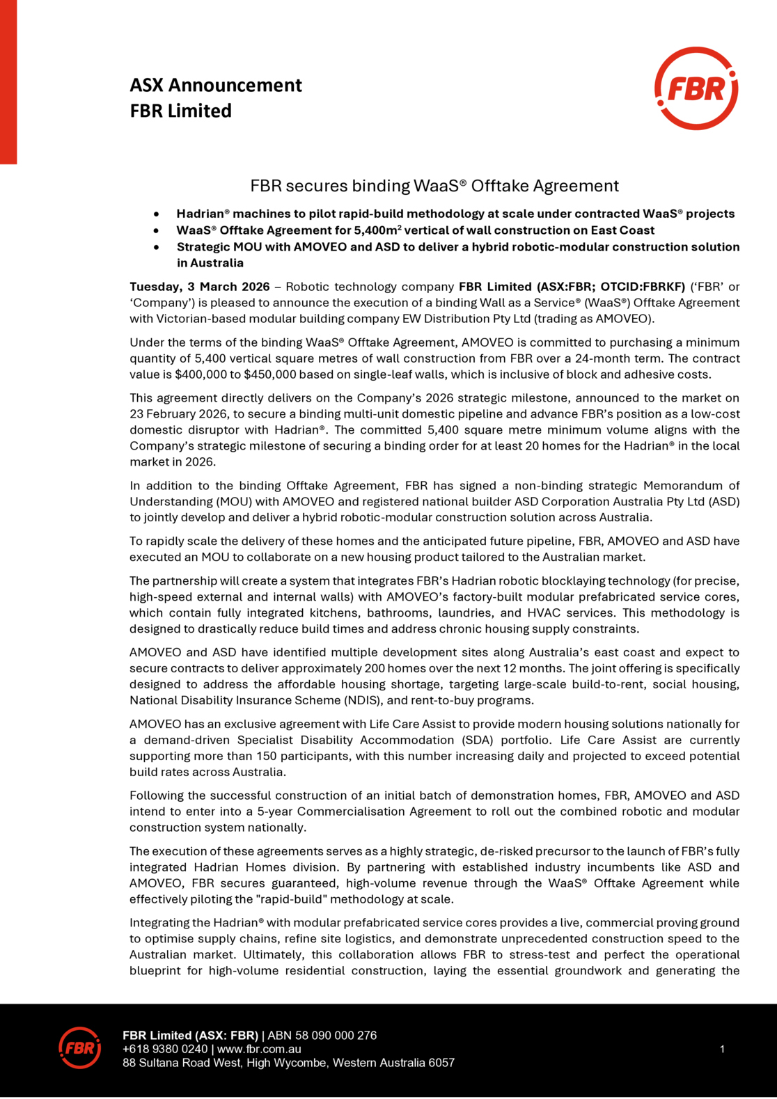 ASX:FBR - FBR secures binding WaaS Offtake Agreement