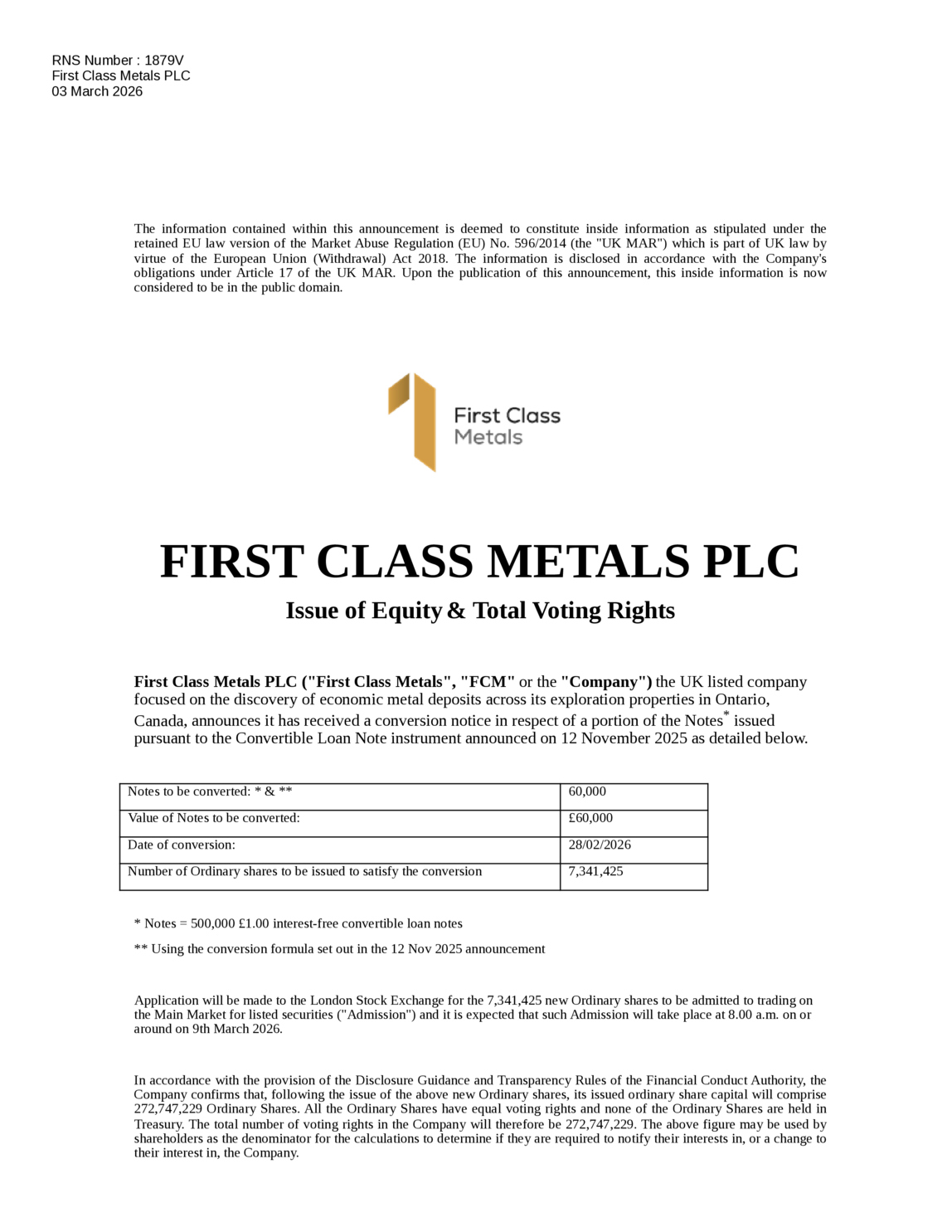 LSE:FCM - First Class Metals - Issue of Equity & Total Voting Rights