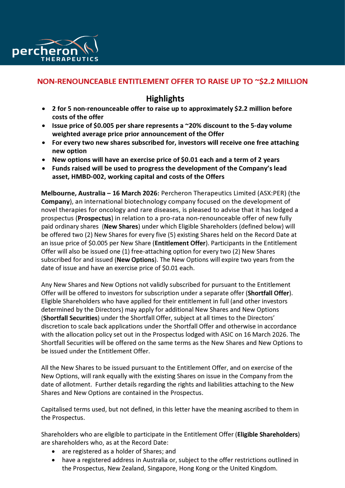 ASX:PER - Non-renounceable Entitlement Offer