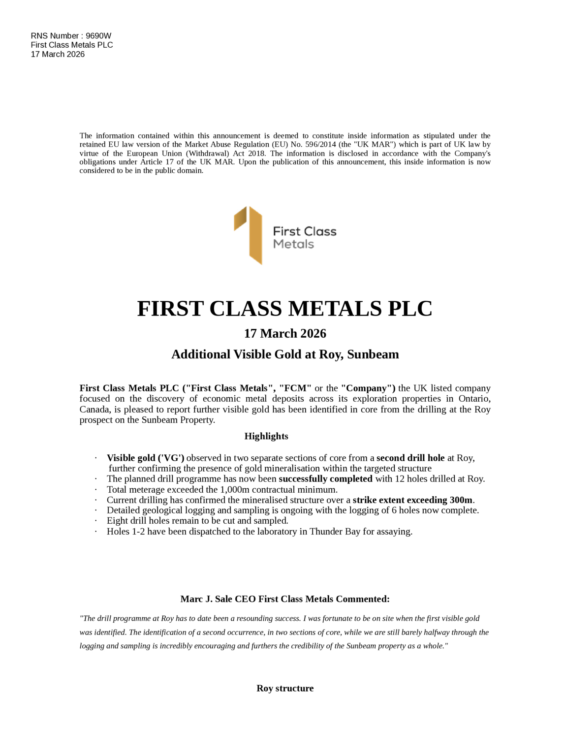 LSE:FCM - First Class Metals - Additional Visible Gold at Roy, Sunbeam