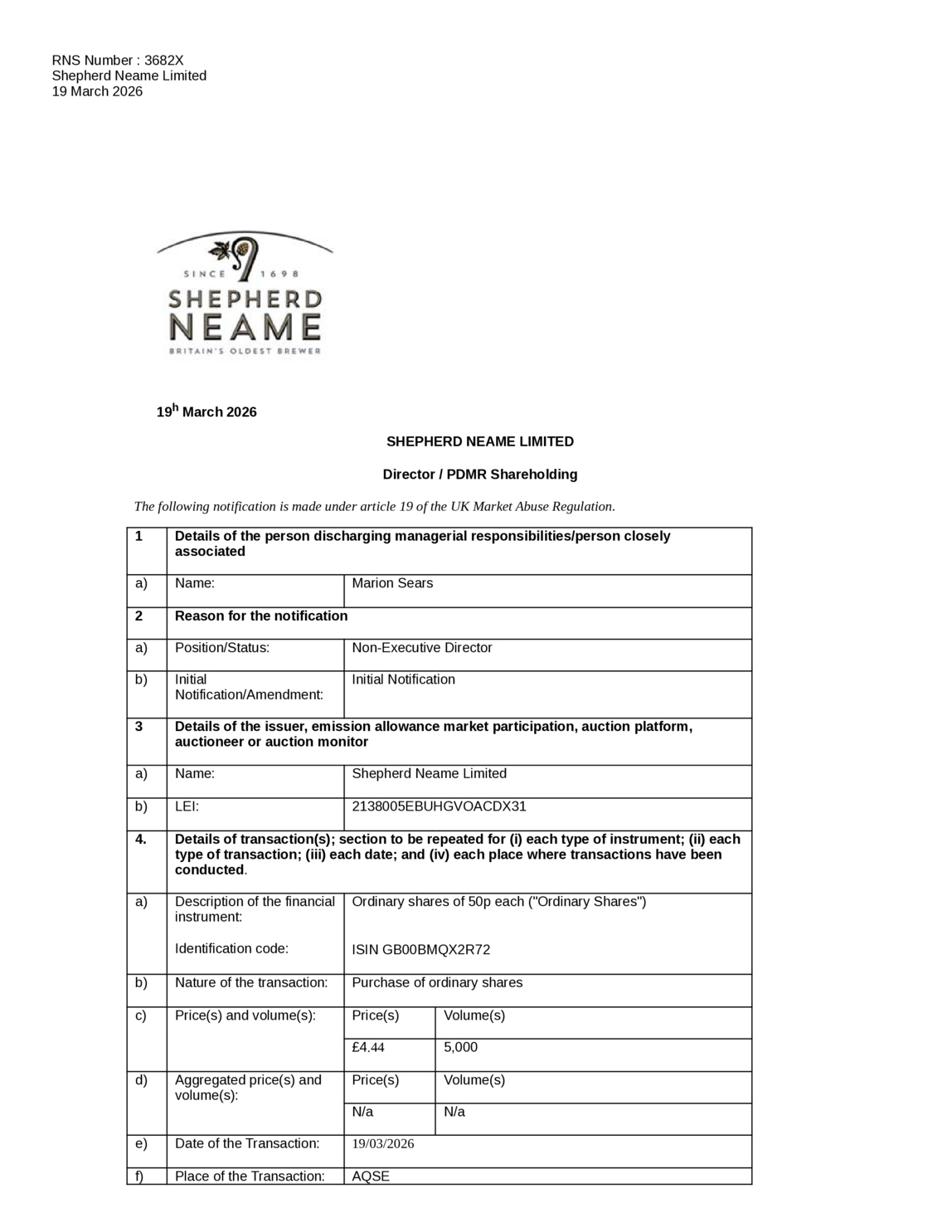 AQSE:SHEP - Shepherd Neame Ltd - Director/PDMR Shareholding