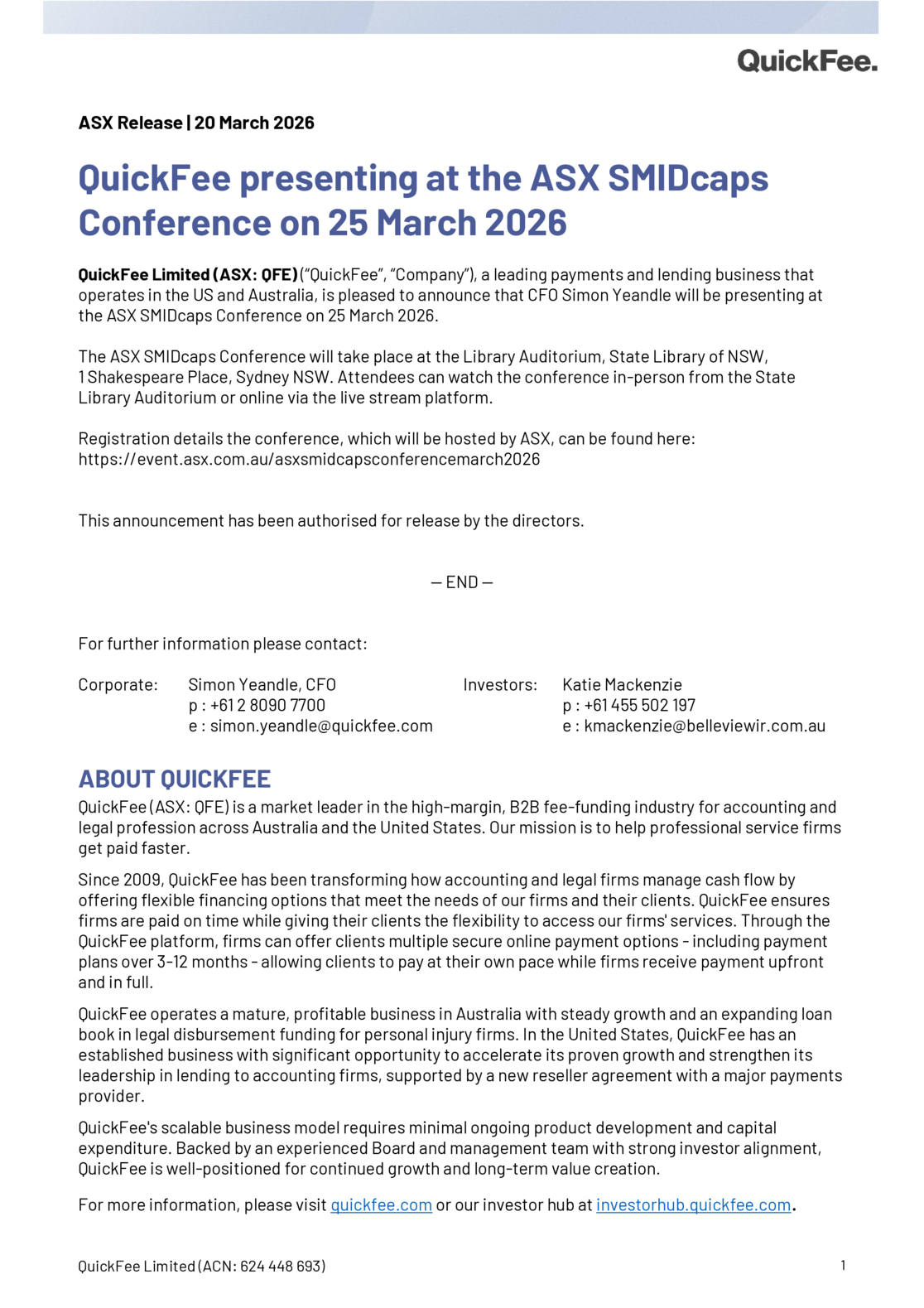 ASX:QFE - QuickFee to present at ASX SMIDcaps Conference 25 March 2026