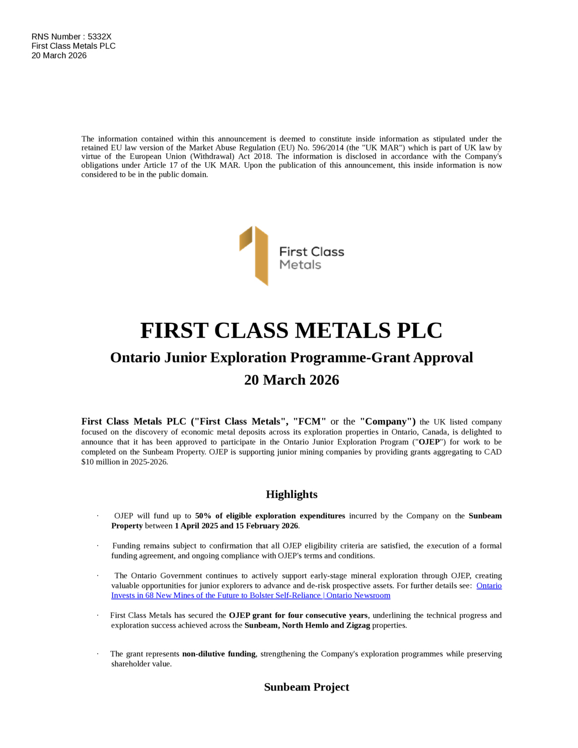 LSE:FCM - First Class Metals - OJEP-Grant Approval