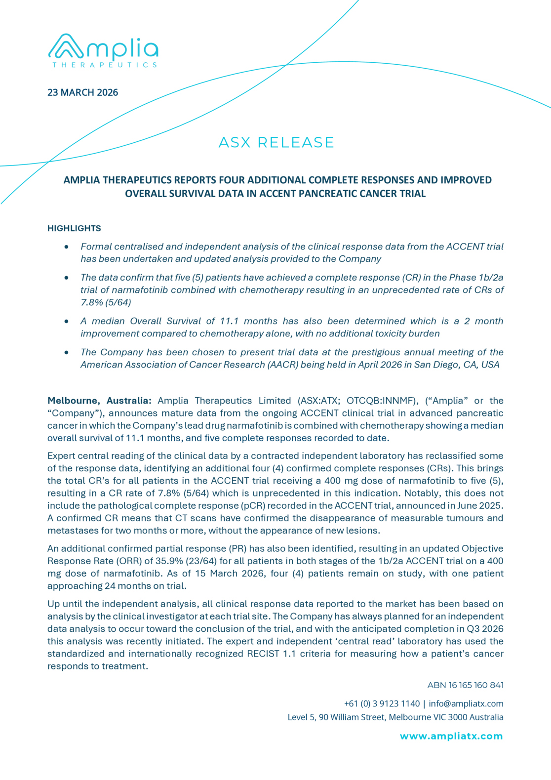 ASX:ATX - Amplia Reports Improved Responses & Survival in ACCENT trial