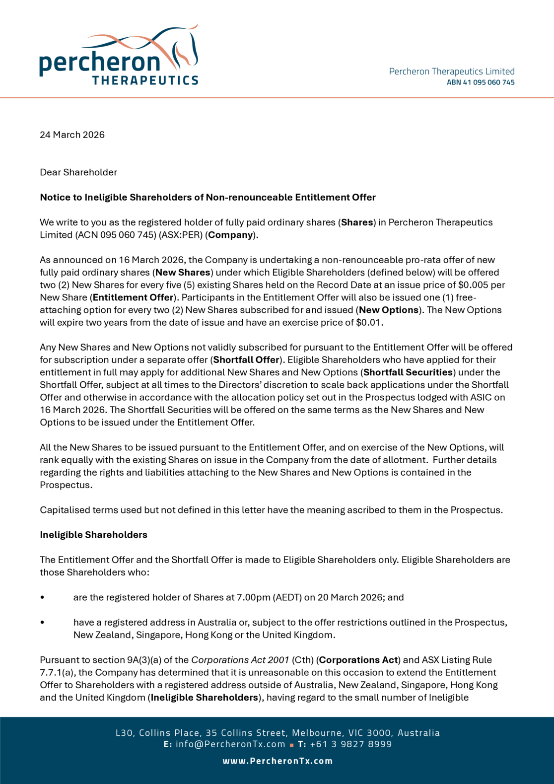 ASX:PER - Letter to Ineligible Shareholders