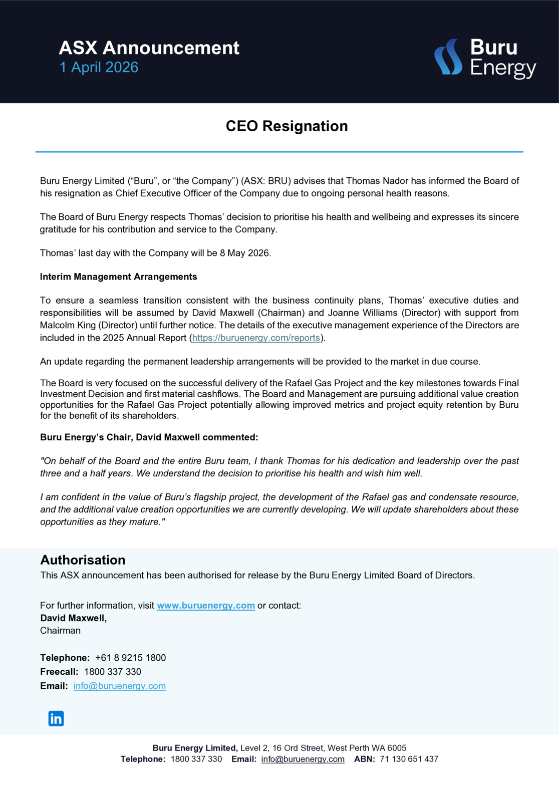 ASX:BRU - CEO Resignation