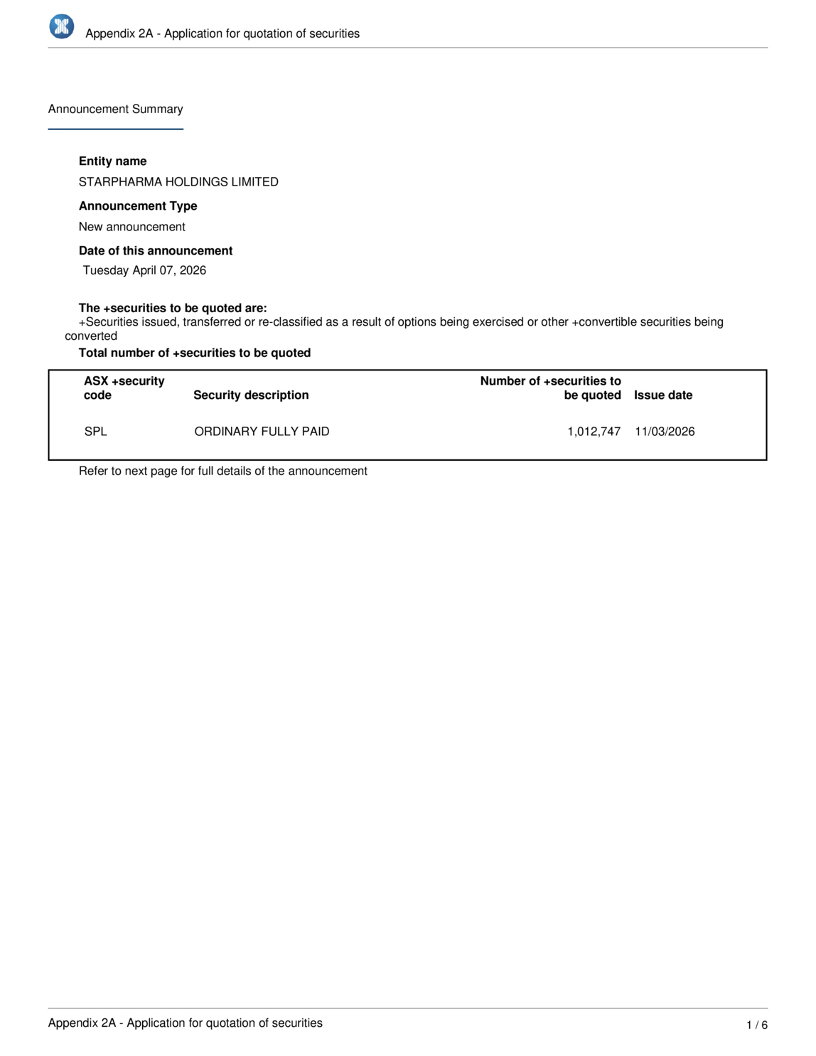 ASX:SPL - Application for quotation of securities - SPL