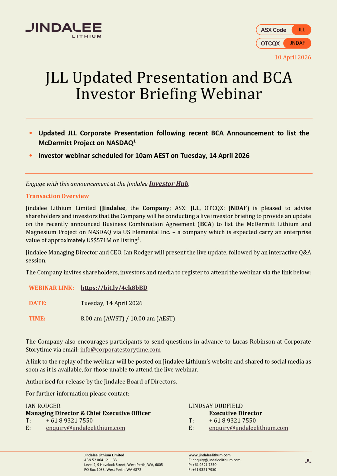 ASX:JLL - BCA Presentation & Webinar