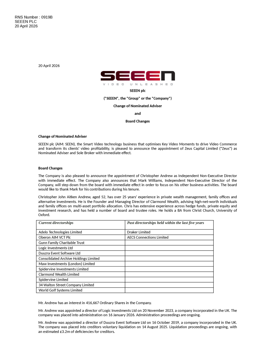 LSE:SEEN - SEEEN PLC - Change of Nominated Adviser and Board Changes