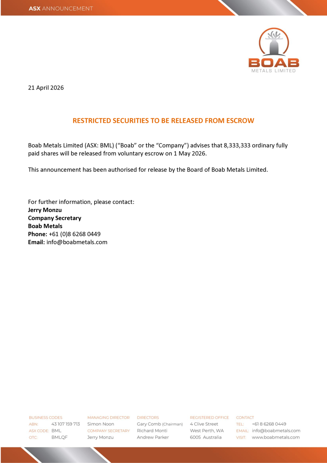 ASX:BML - Release of Escrowed Securities
