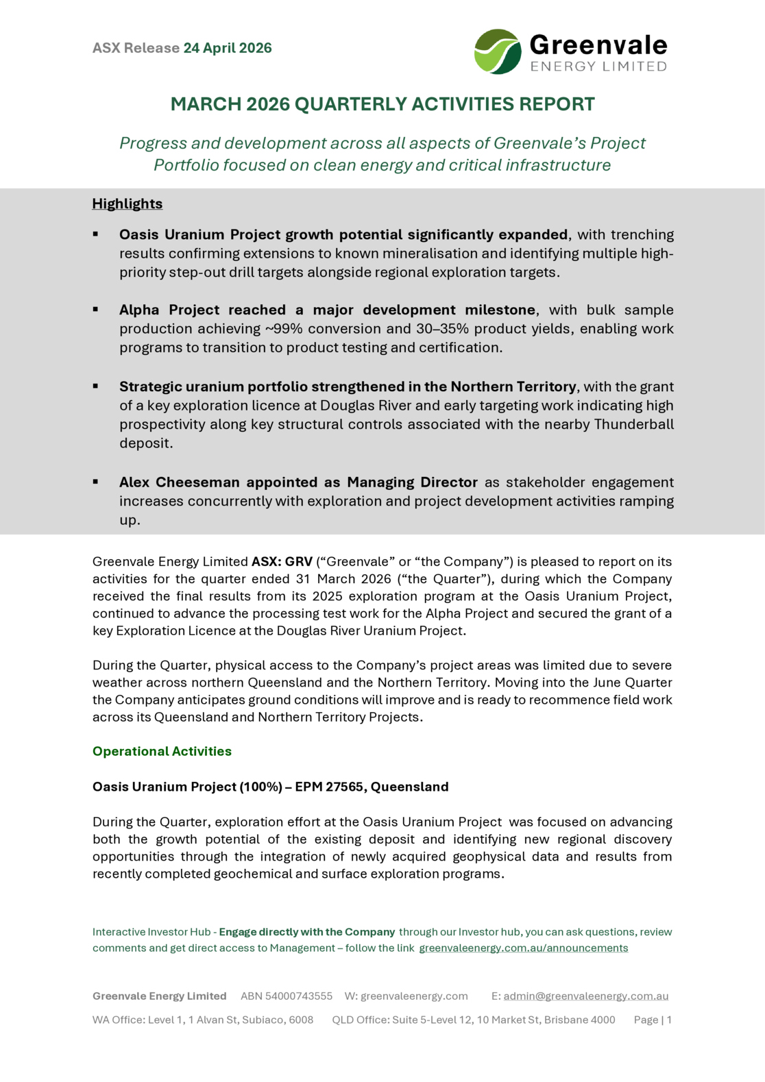 ASX:GRV - Quarterly Activities/Appendix 5B Cash Flow Report