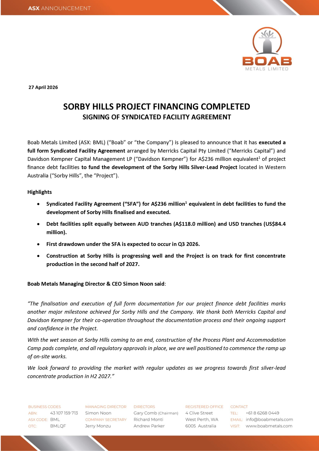 ASX:BML - Project Financing Completed